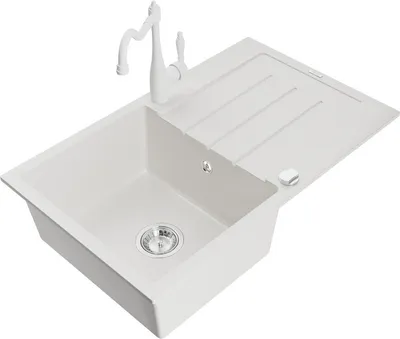 Produktbild von Mexen Bruno 1 Becken-Granitspüle mit Abtropffläche und Mischbatterie Carla, Weiß - 6513-20-670700-20