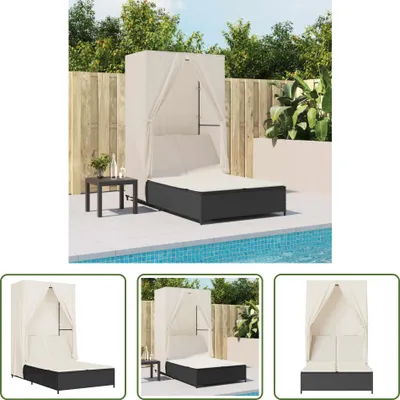 Produktbild von The Living Store Doppel-Sonnenliege mit Dach und Vorhängen Schwarz Poly-Rattan