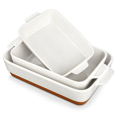 Produktbild von 3-tlg Auflaufform Set, Steingut Ofenform mit Griffen, rechteckige Backform für Brot, Lasagne, Pizza, Mikrowelle & Spülmaschine, Sesam-Oberfläche