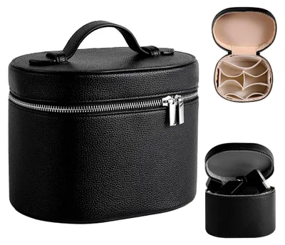 Produktbild von Kosmetiktasche aus Leder, große Tasche mit Reißverschluss, Trennwänden und Griff, wasserdichter Kosmetik-Organizer für Zuhause und unterwegs, 15,2 x 14,5 x 7,9 cm, Schwarz
