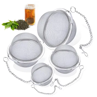 Produktbild von Teesieb für losen Tee, Set mit 4 Edelstahl-Teesieben, großes Teesieb mit Kette, feinmaschiges Kräutersieb, Teefilter, Kräuteraufsatz, Teesiebe in verschiedenen Größen, Kräuterkugel für die Küche (ø 4,5/5,5/7/9 cm)