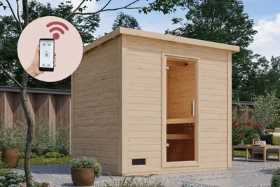 Produktbild von Karibu Saunahaus Außensauna Gartensauna Hytti 3 + 9kw Ofen und HUUM WIFI Steuergerät Sparset 231 x 196 cm Farbe: Naturbelassen