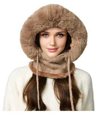Produktbild von 3-in-1-Wintermütze mit integriertem Schal und Gesichtsschutz, einfarbig, verstellbarer Kordelzug, isoliert, winddicht, wärmend, für Outdoor-Aktivitäten geeignet.