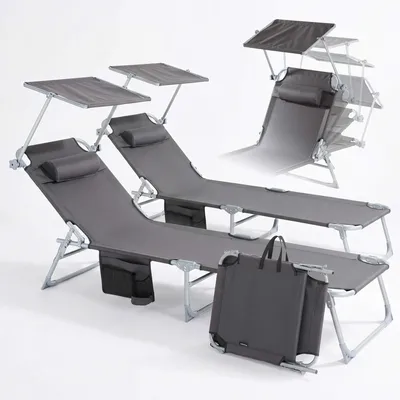Produktbild von Arebos 2er set Sonnenliege klappbar mit Sonnendach, 4-fach verstellbar, Garten- & Strandliege mit Kopfkissen, Seitentasche, bis 120 kg, Anthrazit