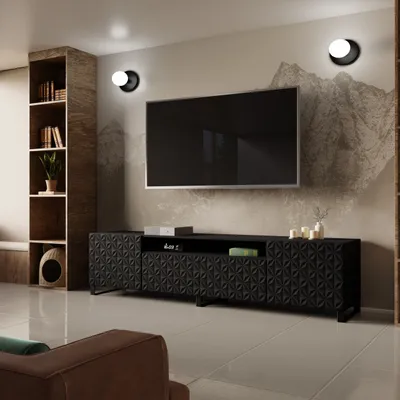 Produktbild von Modernes TV-Lowboard mit 3-Türen Mono mit Muster auf den Fronten 200 cm breite TV-Schrank mit 4 Innenregale Fernsehtisch TV-Ständer auf Metallbeine, Farbe: Schwarz, Schwarz