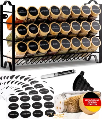 Produktbild von 24er Set dreistufiges Metallgewürzregal mit 24 Gewürzdosen mit Bambus-Deckel, 144 Etiketten, Pinsel, Trichter, Haken - DECO HAUS (Schwarz)