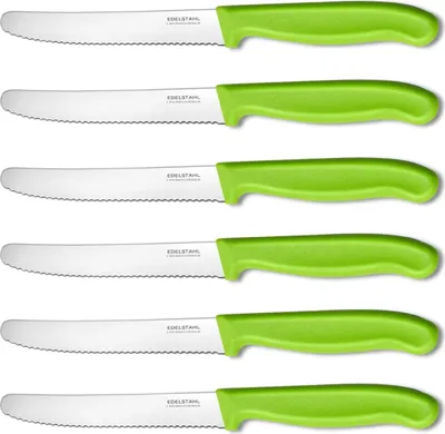 Produktbild von NEUSTANLO | Tafelmesser aus rostfreiem Stahl | 6 Stück | Grün | extra scharfer Wellenschliff | ideales Brötchenmesser, Tomatenmesser für den Frühstückstisch