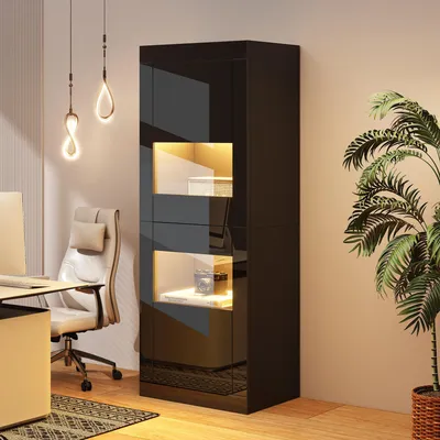 Immagine prodotto di Vetrina lucida Merax con illuminazione a LED e ripiani in vetro regolabili, mobile alto a buffet con anta, vetrina indipendente, nero