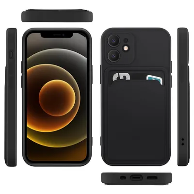 Multiple views of a black iPhone 12 case with a card slot.