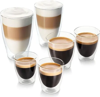 Produktbild von Tchibo 6er Gläser Set, 2x Latte Macchiato, 2x Caffè Crema, 2x Espresso, Doppelwandig, Modernes Design, heiß und kalt