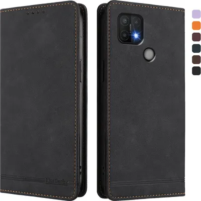 Produktbild von Hülle für Oppo A35 / A16E / A16K / A15 / A15S, Retro Kunstleder Ständer Klapphülle mit Kartenfächer und Magnetische Schwarz