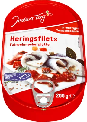 Produktbild von Jeden Tag MSC Herings-Filets Feinschmeckerplatte in würziger Tomatencreme (200g Dose) + usy Block