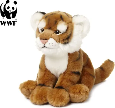 A plush tiger toy sits on a white background with the WWF logo in the top left corner.