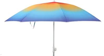 A colorful umbrella is shown against a white background.