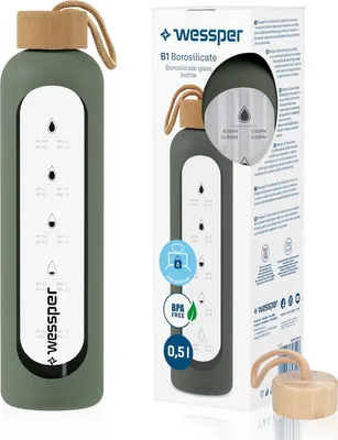 Produktbild von Wessper Wasserflasche aus glas mit Zeitmarkierung, Auslaufsicher Borosilikatglas Trinkflasche, BPA- Frei Motivierende Glasflasche Silikonhülle- 500ml