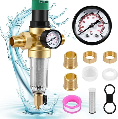 Produktbild von Wasserdruckregler - Druckminderer - Messing - Mit Manometer - 1,9 cm Gewinde - Einstellbar - 240 V - Für Wasserfilter/RO