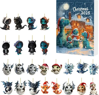 Produktbild von 2025 Weihnachtsdrachen-Adventskalender, Sammlerstück, Cartoon-Drache, hängende Ornamente, 24-Tage-Countdown-Kalender, 2D-Acryl-Anhänger, Weihnachtsdekoration