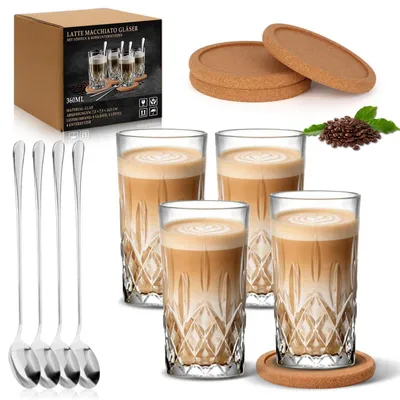 Image de Ensemble de 4 verres à latte macchiato de 360 ml, avec cuillères et sous-verres en cristal