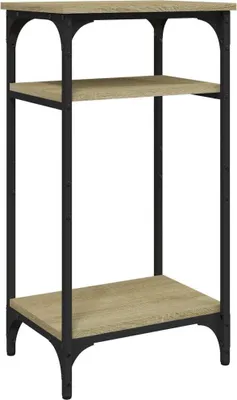 A product shot of a three-tiered shelf unit with a wood-grain finish and black metal frame.