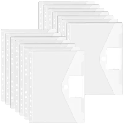 Productafbeelding van 14 transparante A4-documentmappen met klittenbandsluiting, waterdicht, met perforaties en een etiketvak.
