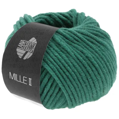 A ball of green yarn with a black label.