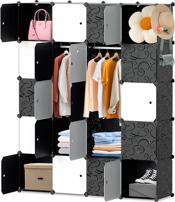 Produktbild von Aopunly DIY Kleiderschrank Regalsystem Schuhregal 20 Würfel Garderobe aus Kunststoff, 175x140x35cm Schwarz und weiß