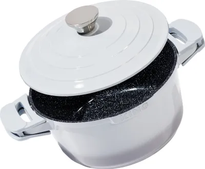 Produktbild von Ø28cm Schmortopf ca. 13cm hoch KING® SHINE GREY aus Aluguss mit Keramikbeschichtung Innen: FUSION TI / mit Aluguss Deckel / inkl. Leicht abnehmbare Silikon-Pads / Farbe: Grau