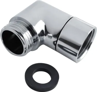A chrome-plated elbow adapter and a black rubber washer are shown on a white background.