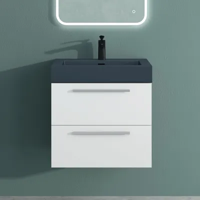 Produktbild von Mai & Mai Badmöbelset Komplett Set Waschbeckenunterschrank 60cm Unterschrank in matt weiß mit Waschschbecken aus Mineralguss Quadratto