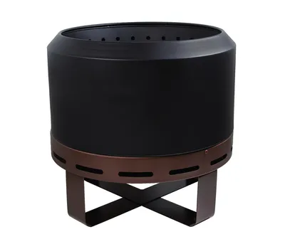 A black metal fire pit with a brown decorative band and a cross-shaped base, shown against a white background.