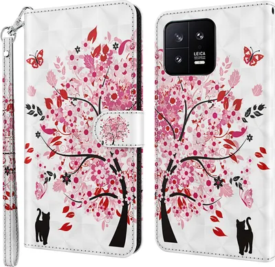 Produktbild von CLM-Tech Hülle kompatibel mit Xiaomi 13 - Tasche aus Kunstleder - Klapphülle mit Ständer und Kartenfächern, Baum rosa weiß
