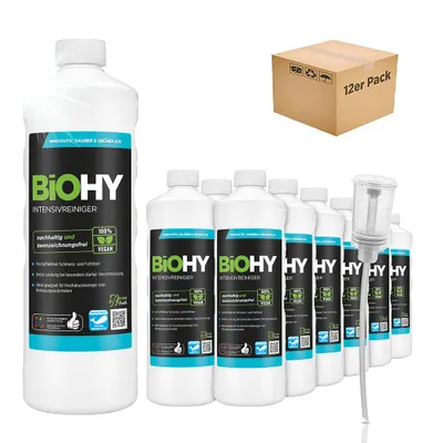 Produktbild von BiOHY Intensivreiniger Universal (12x1l Flasche) + Dosierer | Hochleistungs-INDUSTRIEREINIGER | Grundreiniger ideal für Hochdruckreiniger, schaumarm | Schmutzbrecher & Kraftreiniger