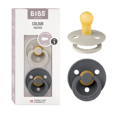 Produktbild von BIBS Colour Schnuller 2er-Pack, BPA-frei, Kirschform Nippel. Naturkautschuk / Latex, Hergestellt in Dänemark. Größe 1 (0-6 Monate), Sand / Iron