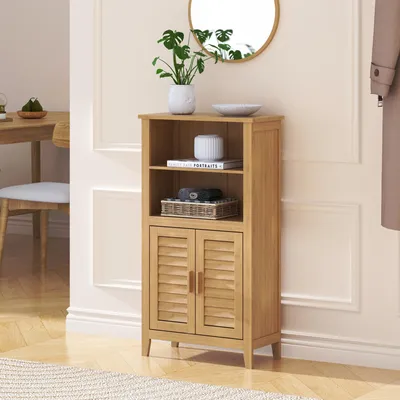 Image de Meuble d'appoint « Rirg » 92 x 50 x 25 cm avec 2 portes et 2 compartiments ouverts, bambou naturel