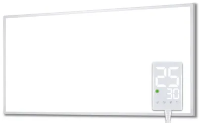 A white infrared heater panel with a digital display showing temperature settings.