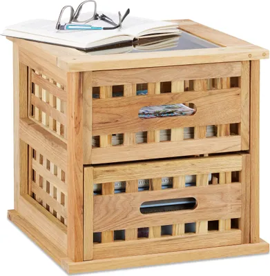Produktbild von Relaxdays Beistelltisch Walnuss, quadratischer Nachtschrank aus Naturholz mit 2 Schubladen, HBT: 34 x 34 x 34 cm, natur