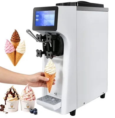 Productafbeelding van VEVOR Commerciële ijsmachine, 10 liter per uur capaciteit, softijsmachine voor één smaak, geschikt voor gebruik op een aanrecht, met een 4 liter trechter, een 1,6 liter cilinder, touchscreen, automatische reiniging, en voorbereiding voor gebruik in snackbars