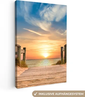 Produktbild von Leinwand Bilder 60x90 cm - Strand - Sonnenuntergang - Weg - Dünen, Wandbilder, Wanddeko Wohnzimmer, Bild