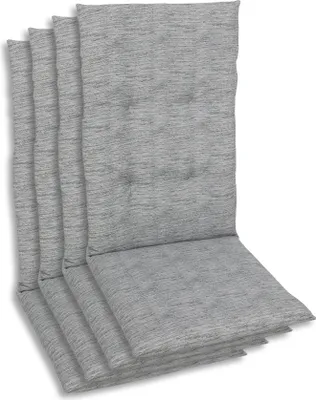 A stack of four grey chair cushions.