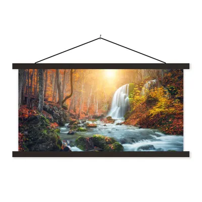 Produktbild von MuchoWow® Textilposter Wasserfall - Sonne - Herbst 60x30 cm mit schwarzem Rahmen - Textilien
