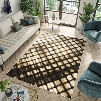 Produktbild von Teppich Wohnzimmer Schlafzimmer Kurzflor Modern Design Dunkelgrau Schwarz Creme Gelb Orange 3D Effekt Meliert Jugendzimmer 80 x 150 cm