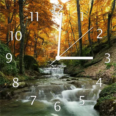 Produktbild von Wallario Design Wanduhr Kleiner Bach über Steine im Herbstwald aus Echtglas, Größe 30 x 30 cm
