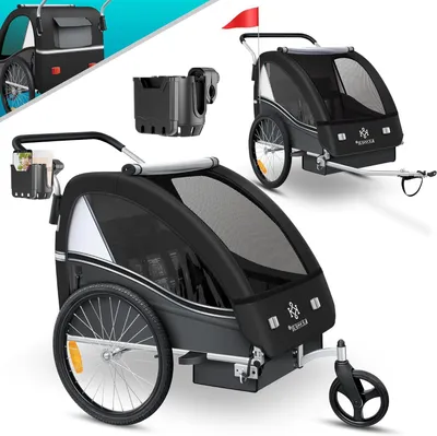Image de Remorque pour vélo pour enfants - Remorque multifonctionnelle - Idéale pour les familles actives - Fonction 2-en-1 - Jusqu'à 40 kg - Noire