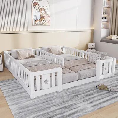 Produktbild von REMZETTA Kinderbett 90x200 cm Familienbett mit Geländer, 2 Schlafplätzen und Lattenrost, Weiß