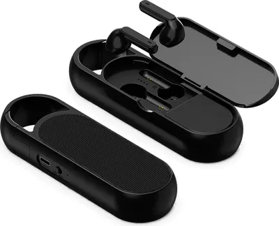 A pair of black wireless earbuds in their charging case, with the lid open, and a separate charging case with a speaker grille.