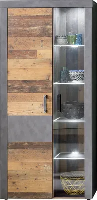 Produktbild von Irina Vitrinenschrank 2 Türen, inkl. Licht für Glasablage, grau Matera, Old Wood Nachbildung.