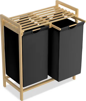 Produktbild von LARS360 Wäschebox aus Bambus mit Ablage - Wäschebehälter mit 2 schwarzen, herausziehbaren Wäschesäcken, Wäschekorb für Bad, Schlafzimmer & Waschraum