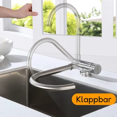 Produktbild von Hochdruck Vorfenster Küchenarmatur Klappbar Spültischarmatur, Einhebelmischer 360° Drehbar aus Edelstahl Wasserhahn Küche, Gebürstet