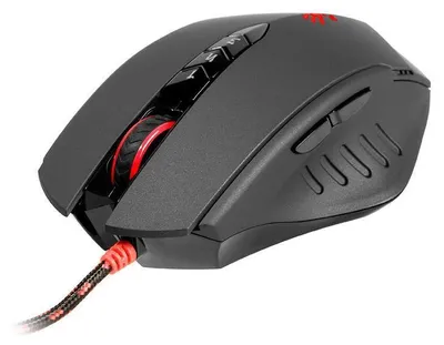 A black gaming mouse with red accents and a braided cable, shown from a diagonal angle against a white background.