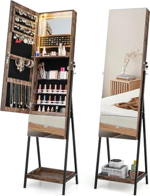 Produktbild von Schmuckschrank mit Ganzkörperspiegel, Spiegelschrank Schmuck mit LED-Beleuchtung, freistehender Schmuckspiegel mit Ablage, Schmuckorganizer für Schlafzimmer (Rustikales Braun)